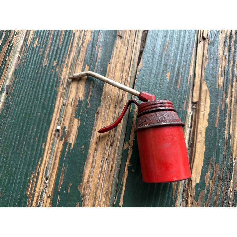 Vintage Red Metal Thumb Pump Oiler Can Spout Industrial Garage Decor A3107